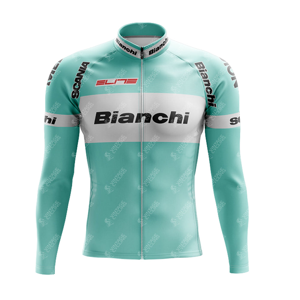 The Bianchi Grey Retro Long Sleeve Cycling Set, featuring Bianchi in bold on the chest and sleeves, includes a stylish design with a full-length zipper and high collar. A fleece option ensures comfort during cooler rides.
