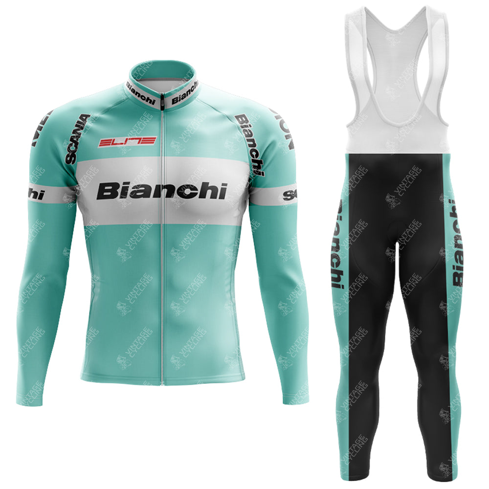 The Bianchi Grey Retro Cycling Set includes a turquoise and white long-sleeve jersey with Bianchi text and logos, paired with black bib tights. A fleece option is available for warmth on cooler rides, and the jersey features a front zipper for added functionality.