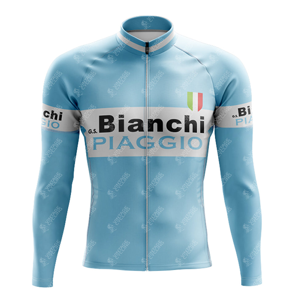 The Bianchi Piaggio Retro Long Sleeve Cycling Set offers a vintage-style light blue jersey with Bianchi and Piaggio logos, an Italian flag emblem, long sleeves, and a front zipper, available in a fleece option for cooler rides.