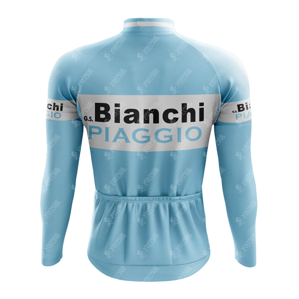 The Bianchi Piaggio Retro Long Sleeve Cycling Set, featuring Bianchi and Piaggio on the back, includes a light blue performance jersey with a white upper-back stripe and three lower back pockets.
