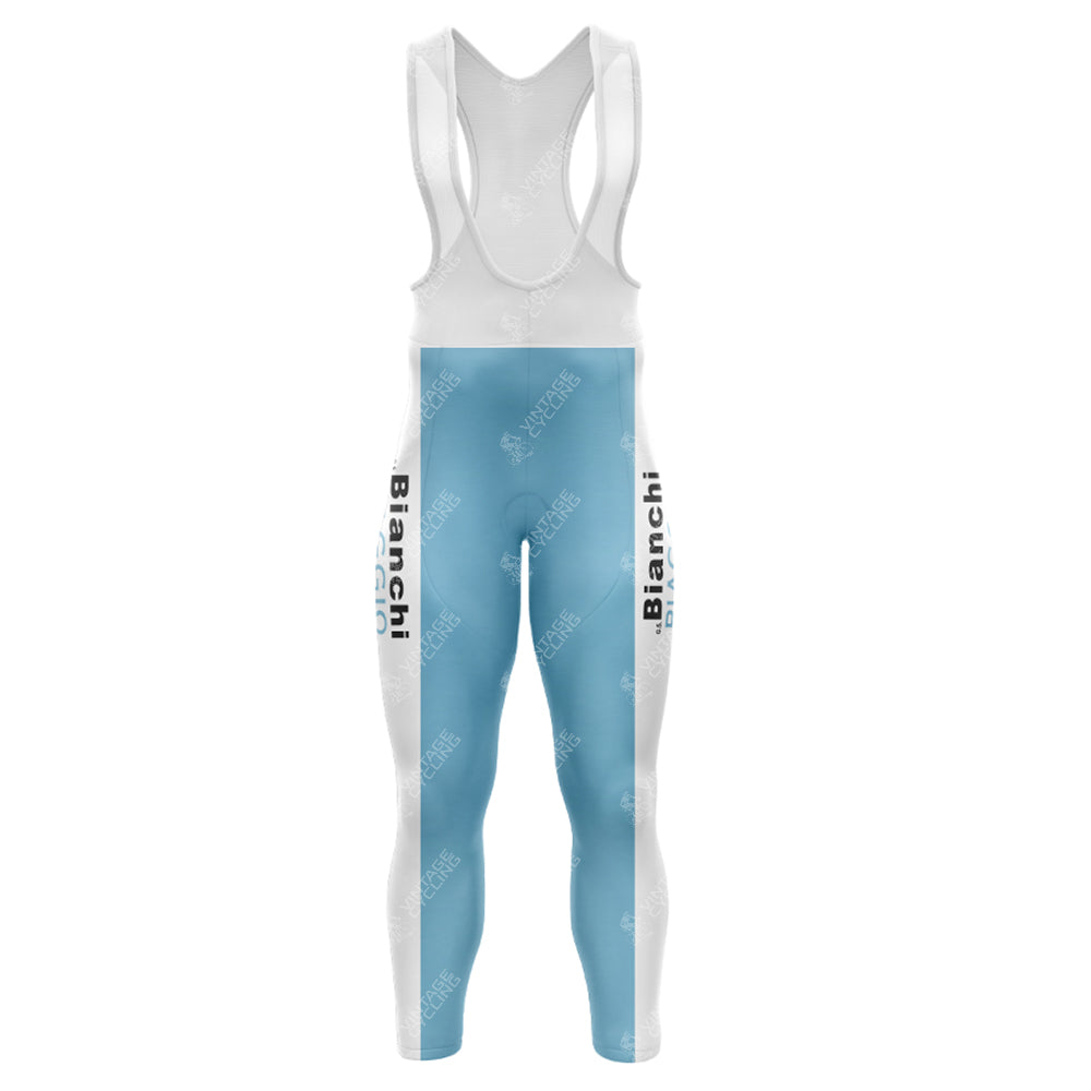 The Bianchi Piaggio Retro Long Sleeve Cycling Set offers a front view of blue and white bib tights with Bianchi in black on the legs, featuring shoulder straps. Ideal for pairing with a performance jersey for a cohesive set.