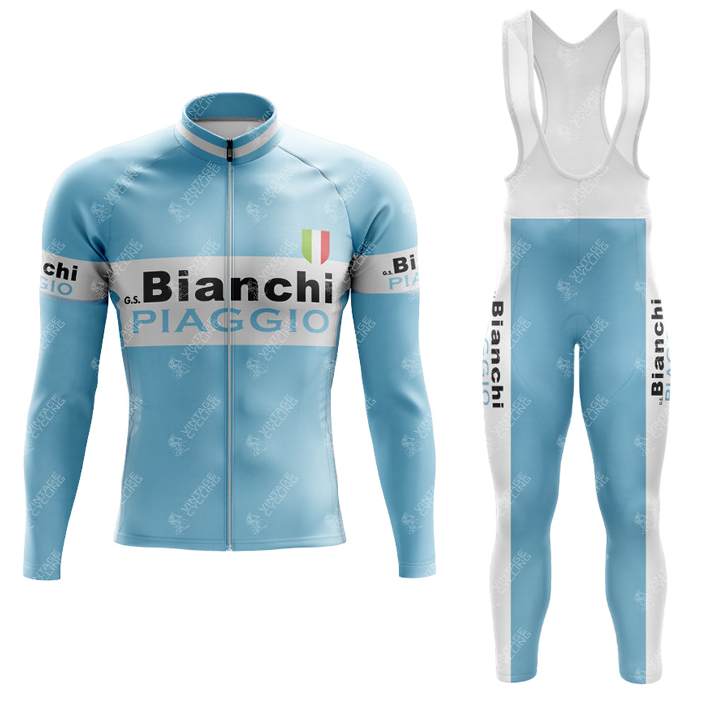 The Bianchi Piaggio Retro Long Sleeve Cycling Set features a light blue jersey with Bianchi PIAGGIO and an Italian flag, plus matching pants with white bib straps. Ideal for riders seeking stylish, functional gear. Available with a fleece option for added warmth.