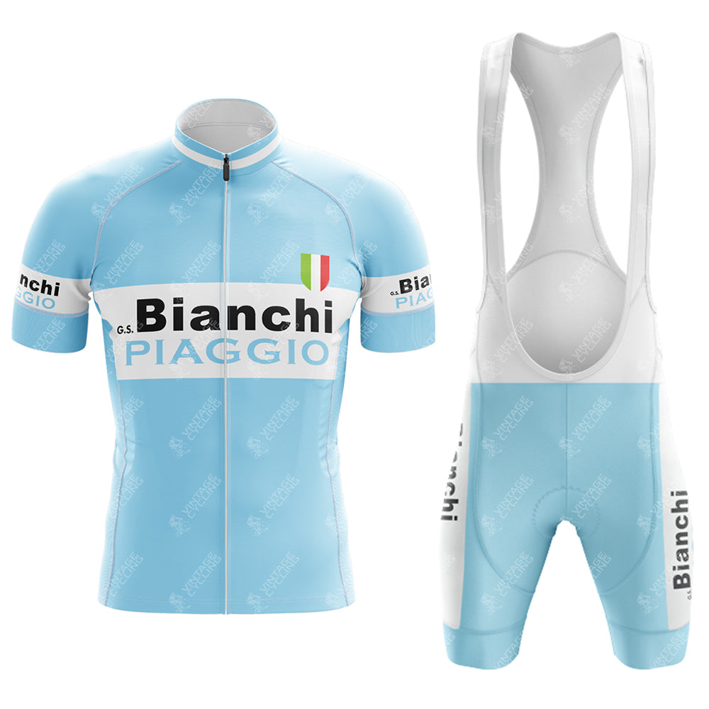 The Bianchi Piaggio Retro Short Sleeve Cycling Set features light blue breathable fabric with Bianchi and Piaggio text, an Italian flag detail on the chest, a front zipper, and short sleeves for ultimate comfort.