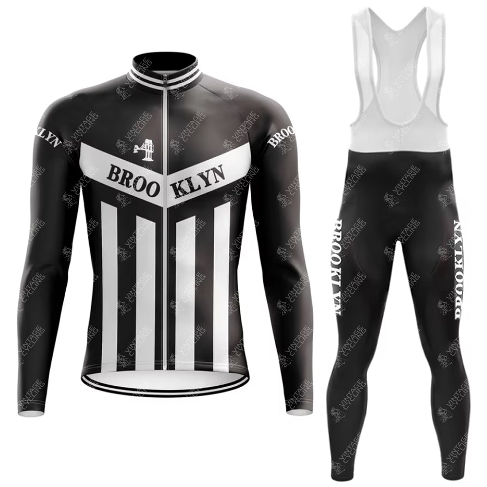 Don the Brooklyn Chewing Gum Retro Cycling Jersey Long Set, featuring iconic black and white stripes and BROOKLYN on the chest. The bib tights echo this classic design, inspired by cycling legend Roger de Vlaeminck’s era, offering style and precision with an optional fleece lining.