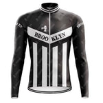 Retro cycling jersey featuring vertical black and white stripes with Brooklyn on the chest, an illustrated bell graphic on the upper left, inspired by Roger de Vlaemincks iconic Brooklyn Chewing Gum team style. Available as part of the Brooklyn Chewing Gum Retro Cycling Jersey Long Set (with Fleece Option).