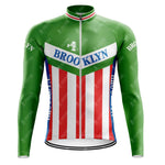 The Brooklyn Chewing Gum Retro Cycling Jersey Long Set features a green top, red-and-white vertical stripes on the lower half, Brooklyn in blue across the chest, and blue and red side accents, echoing the iconic design.