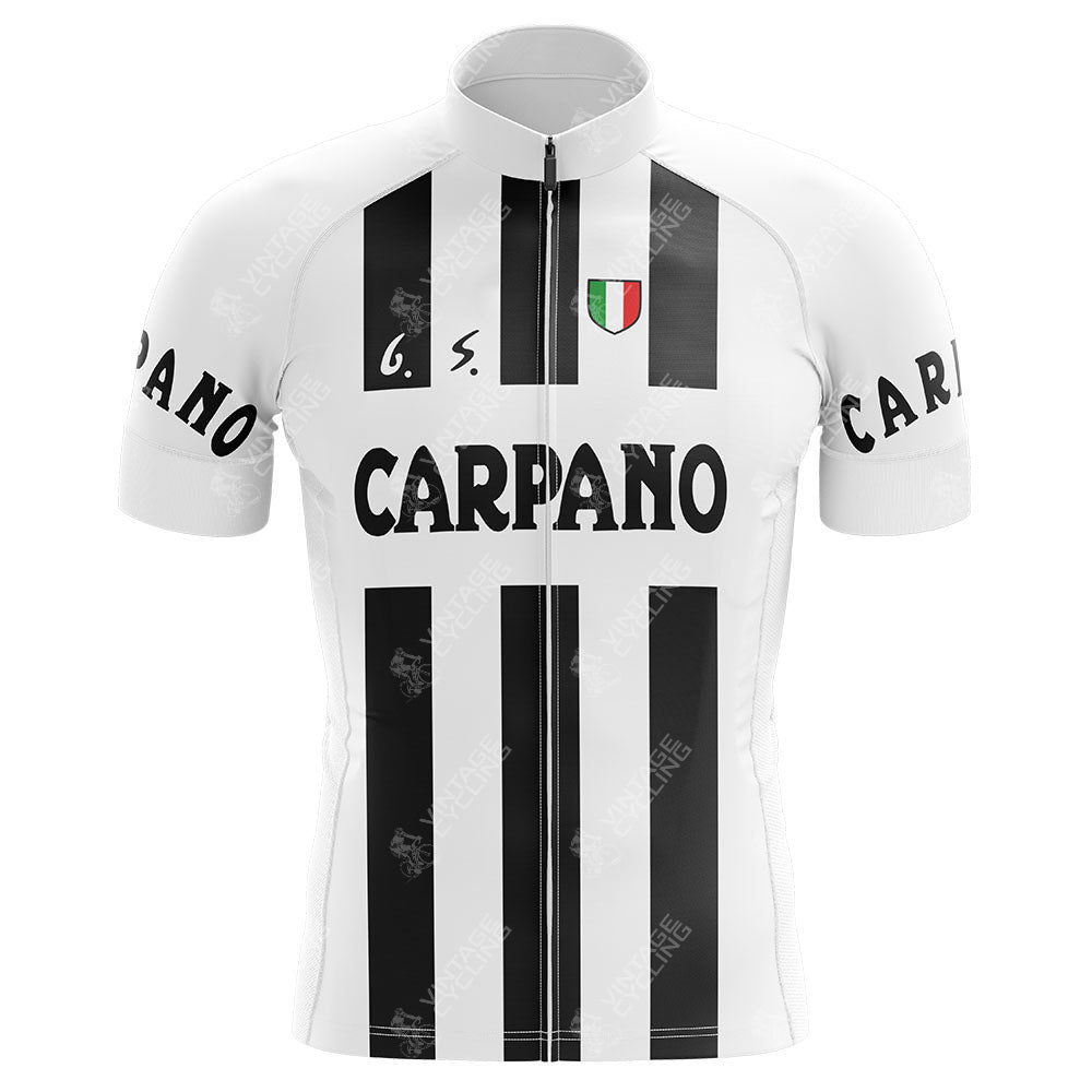 The G.S. Carpano Retro Cycling Jersey features black and white vertical stripes, Carpano text on the chest and sleeves, G.S. initials, and an Italian flag emblem, embodying a vintage vibe ideal for enthusiasts.
