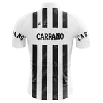 The G. S. Carpano Retro Cycling Jersey features vintage black and white stripes with CARPANO on the back and sleeves, a number 63 on the upper back, short sleeves, and a full-length front zipper.