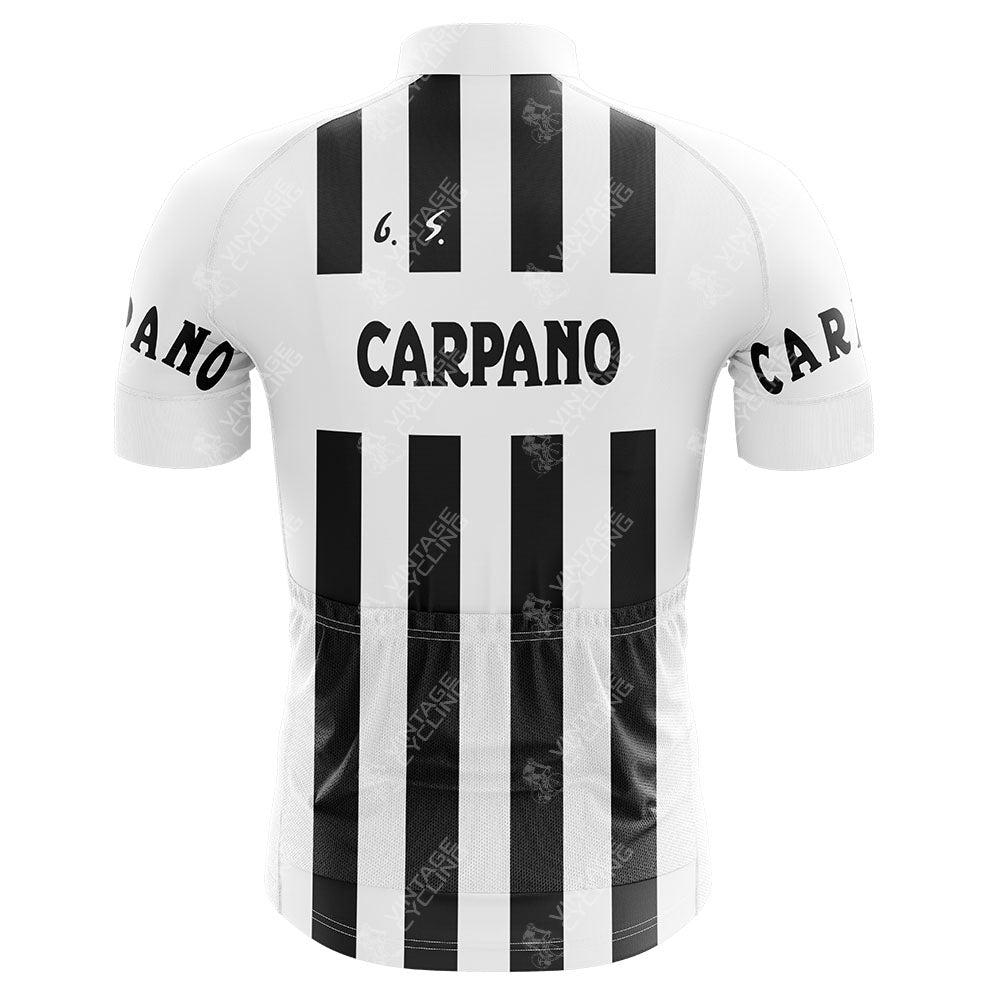 The G. S. Carpano Retro Cycling Jersey features vintage black and white stripes with CARPANO on the back and sleeves, a number 63 on the upper back, short sleeves, and a full-length front zipper.