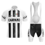 The Cilo Aufina Retro Short Sleeve Cycling Set charms with its cycling jersey and bib shorts in black and white stripes. Adorned with CARPANO and an Italian flag emblem, this vintage cycling attire embodies timeless style perfect for every cyclist.