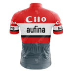 The Clas Cajastur Retro Short Sleeve Cycling Set showcases a red and gray jersey with Cilo–Aufina logos. It features a vibrant red top, white middle with black text, and sleek gray bottom with back pockets, ideal for size referencing.