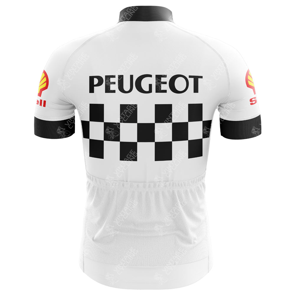 Back view of the Classic 1960s Peugeot Retro Cycling Jersey in white, with a black and white checkered pattern on the lower back. PEUGEOT is printed above it, echoing Eddy Merckxs classic style. The jersey features logos on both sleeves.