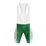 Front view of a green and white cycling set, the CAFE DE COLOMBIA Retro Short Sleeve Cycling Set features bib shorts with white straps and small flag details on the legs, exuding an athletic spirit ideal for both casual and competitive riders.