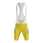 The Credlt Lyonnals Retro Short Sleeve Cycling Set features yellow bib shorts with white straps. Blue CREDIT text runs vertically, accented by a LYNFAE CYCLING pattern, providing a nod to retro style and pairing perfectly with any classic jersey for a timeless ride.
