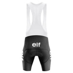 The Renault Gitane Retro Short Sleeve Cycling Set features black bib shorts with white shoulder straps and "elf" printed in white on the back and sides, evoking classic cycling style. Shown from the rear on a white background.