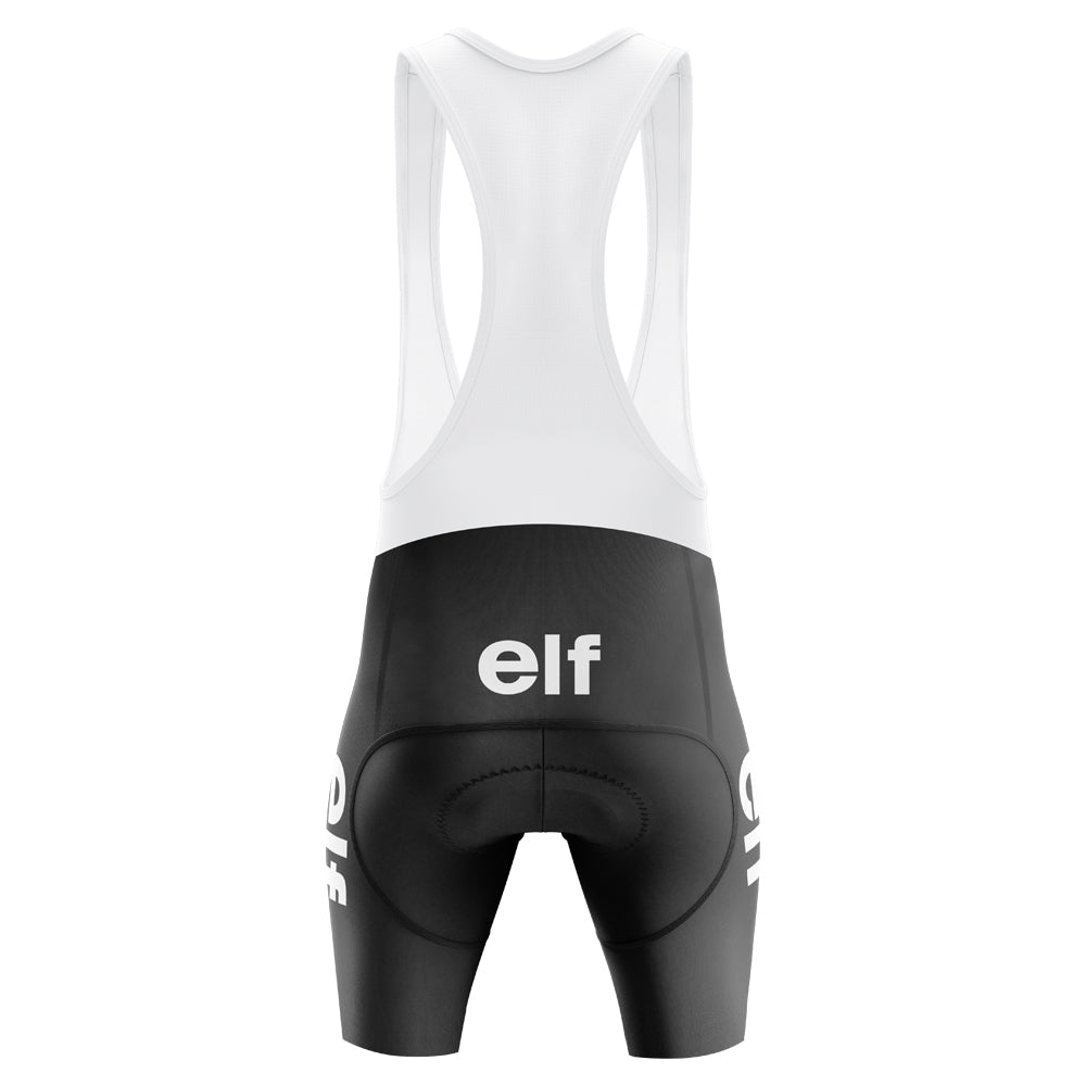 The Renault Gitane Retro Short Sleeve Cycling Set features black bib shorts with white shoulder straps and "elf" printed in white on the back and sides, evoking classic cycling style. Shown from the rear on a white background.