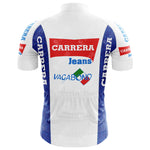 The Carrera Jeans 1987 Retro Cycling Jersey features a back view with blue side panels, logos CARRERA in red, Jeans in blue, and Vagabond with a green and red diamond shape, channeling the classic style of the iconic Stephen Roche era.