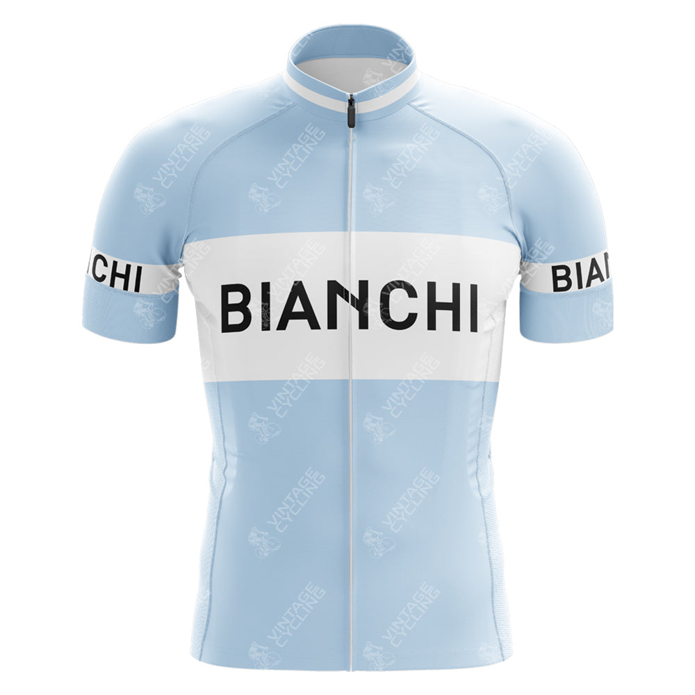 The Bianchi Retro Cycling Jersey features a light blue and white design with a front zipper, crafted in lightweight polyester. BIANCHI is displayed across the chest and sleeves, embodying a classic baby blue aesthetic ideal for cycling enthusiasts.