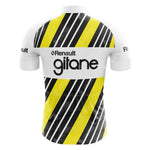 The back of the Renault Gitane Retro Cycling Jersey features diagonal black and yellow stripes on lightweight polyester, with Renault and Gitane logos in black. A nod to Bernard Hinaults era, it also has white sleeves adorned with the classic Renault logo.