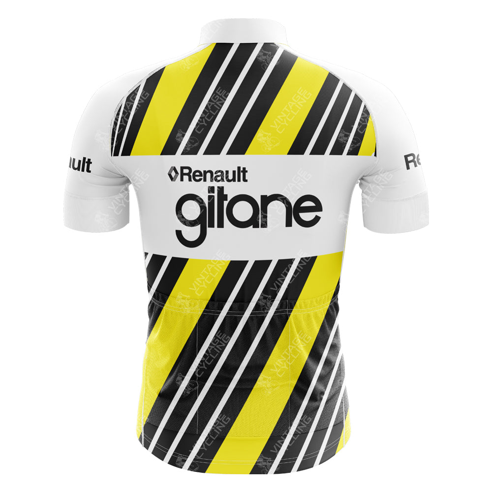 The back of the Renault Gitane Retro Cycling Jersey features diagonal black and yellow stripes on lightweight polyester, with Renault and Gitane logos in black. A nod to Bernard Hinaults era, it also has white sleeves adorned with the classic Renault logo.