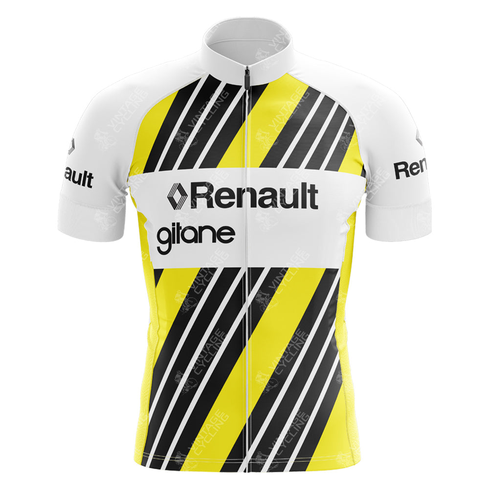 The Renault Gitane Retro Cycling Jersey, inspired by Bernard Hinault, showcases bold black and yellow diagonal stripes with white shoulders and sleeves. Made from lightweight polyester, it prominently features Renault and gitane logos on the front and sleeves.