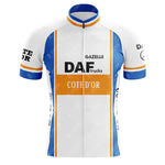 The DAF Trucks Retro Cycling Jersey features a white base with distinctive orange and blue vertical stripes. Made from lightweight polyester, it displays Gazelle, DAF Trucks, and Côte dOr logos on the front, plus extra detailing on the sleeves and sides.
