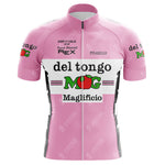 The Del Tongo-MG Maglificio Retro Cycling Jersey is pink with del tongo, Maglificio, and a tomato graphic. Made from lightweight polyester, it features sponsor logos like Giro d’Italia 1981 Franco Chioccioli and Pinarello, plus black and white side accents.