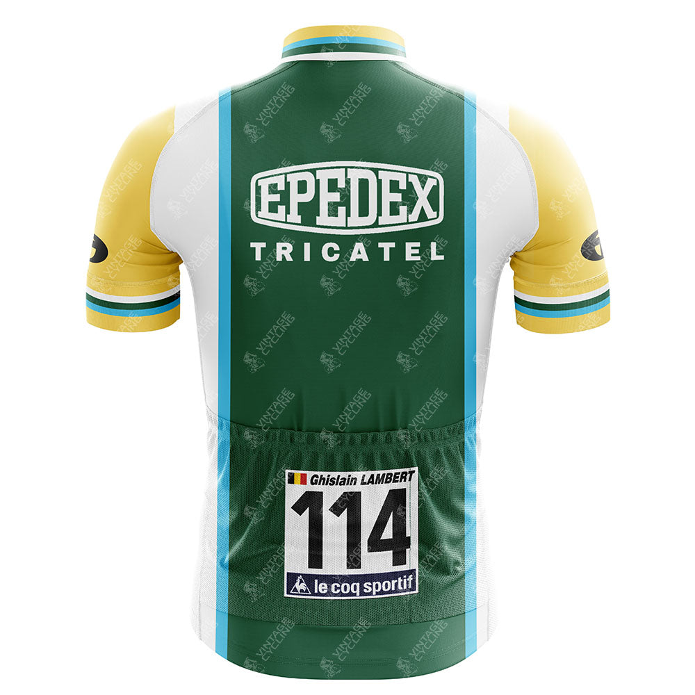 The GIRARDENGO Retro Retro Cycling Jersey features green, white, and yellow panels, EP EDEX TRICATEL across the back, number 114 with Ghislain Lambert above the le coq sportif logo—designed lightweight for comfort on every ride.