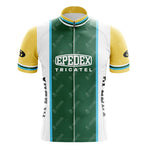 The GIRARDENGO Retro Cycling Jersey features yellow sleeves, white side panels, and a green front with bold EP EDEX TRICATEL. Lightweight and breathable with a front zipper and stylish white, teal, and blue stripes.