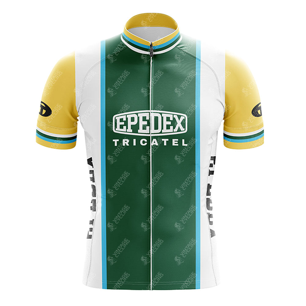 The GIRARDENGO Retro Cycling Jersey features yellow sleeves, white side panels, and a green front with bold EP EDEX TRICATEL. Lightweight and breathable with a front zipper and stylish white, teal, and blue stripes.