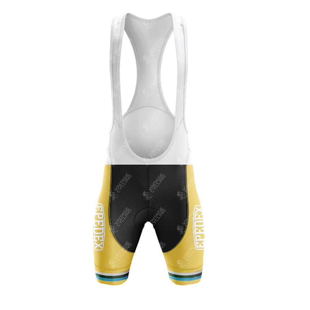 GIRARDENGO Retro Short Sleeve Cycling Set-inspired bib shorts with white straps, black upper, yellow lower legs, "RPHFIX" on each leg, plus teal and white stripes near the openings for a classic look.