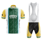 The GIRARDENGO Retro Short Sleeve Cycling Set features a classic green, white, and yellow jersey with EPEDEX TRICATEL on the front, plus yellow, white, and black bib shorts with EPEDEX logo on the legs.