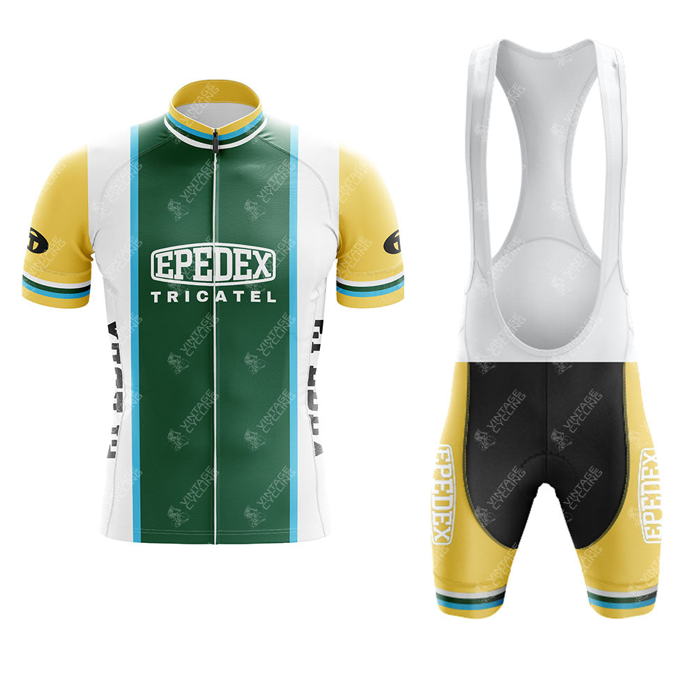 The GIRARDENGO Retro Short Sleeve Cycling Set features a classic green, white, and yellow jersey with EPEDEX TRICATEL on the front, plus yellow, white, and black bib shorts with EPEDEX logo on the legs.