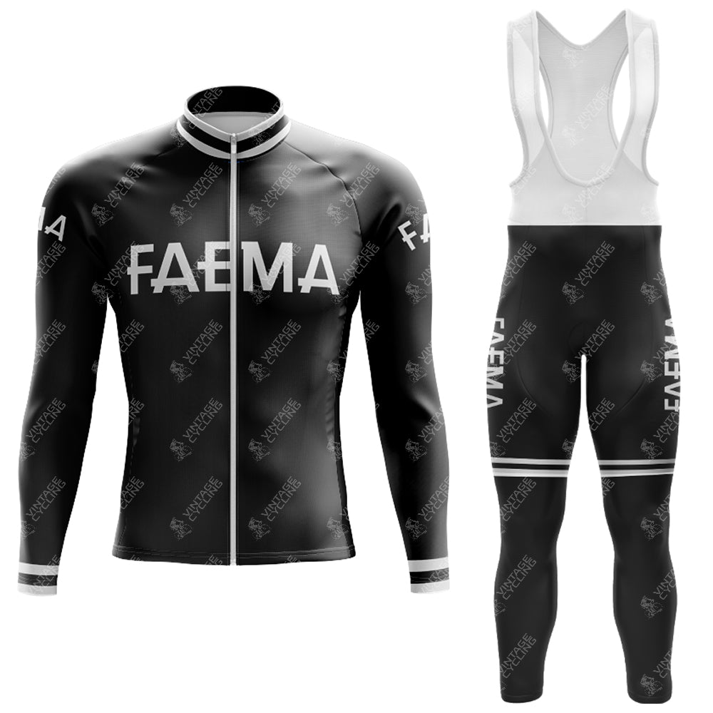 The FAEMA Black Retro Long Sleeve Cycling Set features a bold FAEMA design and is available with fleece, offering a classic black and white style for performance rides.