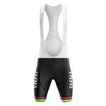 The FAEMA White Retro Short Sleeve Cycling Set includes bib shorts featuring a black lower section with FAEMA text on the sides, white upper, and leg cuffs adorned with vibrant blue, red, yellow, black, and green stripes.