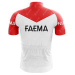 The image displays the FAEMA Red and White Retro Short Sleeve Cycling Set, featuring a bold red top and sleeves with a contrasting white lower section. FAEMA is prominently printed in black on the back, epitomizing the classic cycling jersey style.