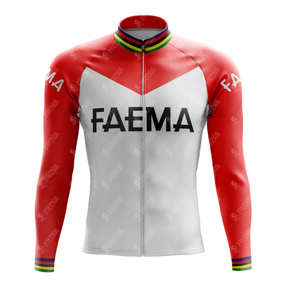 The FAEMA Retro Long Sleeve Cycling Set features a performance jersey with a striking red upper section and sleeves and a pure white lower section. Faema is prominently displayed on the chest and sleeves, while the rainbow-striped collar adds flair to this sleek design.