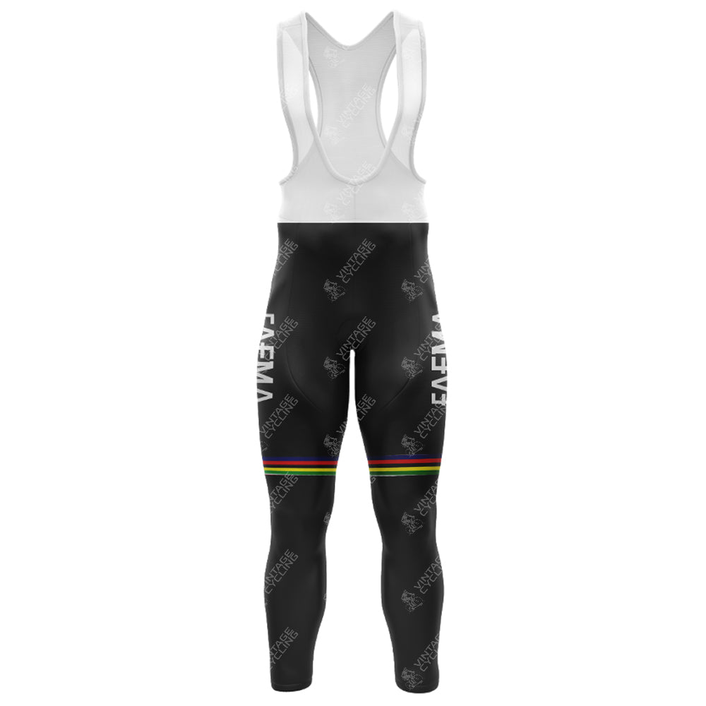 The FAEMA Retro Long Sleeve Cycling Set features black bib tights with a colorful stripe near the knee, white branding text on the thighs, and a white upper with shoulder straps. It offers an optional fleece lining for extra warmth.