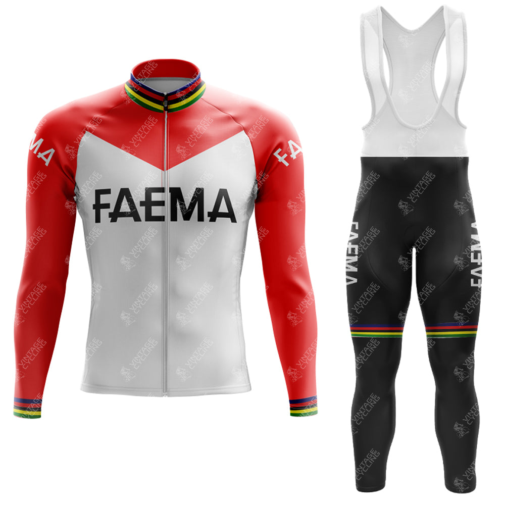 Discover the FAEMA Retro Long Sleeve Cycling Set, a performance cycling jersey featuring a red and white design with FAEMA text, rainbow stripes on the collar and cuffs, and matching black bib tights. This set combines retro-inspired style with sleek rainbow accents for flair.