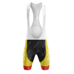 Retro-inspired cycling bib shorts have a white upper and black, yellow, and red legs with FAEMA text in white on the thighs. They perfectly coordinate with our FAEMINO Retro Short Sleeve Cycling Set for a classic look.