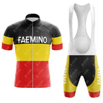 Introducing the FAEMINO Retro Short Sleeve Cycling Set, complete with a black, yellow, and red striped jersey and bib shorts. The design prominently features FAEMINO in white, celebrating the classic FAEMA style.