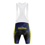 The FESTINA Retro Short Sleeve Cycling Set features blue and yellow cycling bib shorts with FESTINA text, a white upper section with straps, retro-style vertical yellow side stripes, and a logo on the back. Sizing guidance is available.