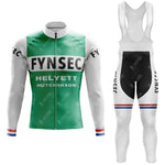 The FYNSEC Retro Long Sleeve Cycling Set offers a green and white jersey and bib tights adorned with FYNSEC and HELYETT HUTCHINSON logos, featuring red, white, and blue cuff accents. Comes with an optional gel seat pad for extra comfort.