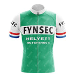 The FYNSEC Retro Short Sleeve Cycling Set includes a green jersey with a front zipper, short sleeves, FYNSEC on the chest, and HELYETT and HUTCHINSON below. Red, white, and blue stripes adorn the sleeves for a vintage-inspired look perfect for any cyclist.
