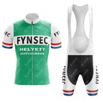 The FYNSEC Retro Short Sleeve Cycling Set includes a green jersey with black FYNSEC text, Helyett Hutchinson below, white sleeves, and red-blue arm bands. The black bib shorts feature FYNSEC on the side and have white leg bands with red-blue stripes.