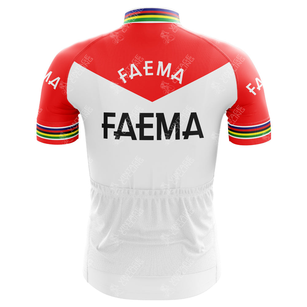The image features the Faema Retro cycling jersey inspired by Eddy Merckxs 1969 style, displaying FAEMA boldly on the back, with a red top half, white chevron below, and rainbow stripes on the sleeves.