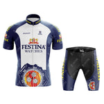 The Festina Watches Retro Cycling Jersey Set features a blue, white, and red design with logos and a watch illustration. The jersey has a full front zipper and PEUGEOT on the collar, while the shorts include a gel seat pad for comfort.