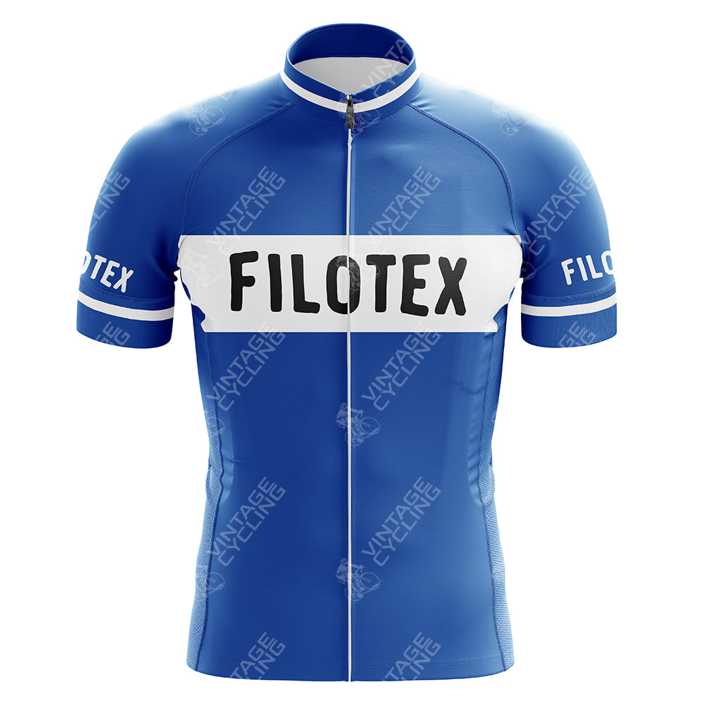 The FORD White Blue Retro Short Sleeve Cycling Set has a blue jersey with short sleeves, a white chest stripe featuring FILOTEX, full-front zipper for convenience, and white sleeve bands, offering a stylish blend of classic aesthetics and modern functionality.