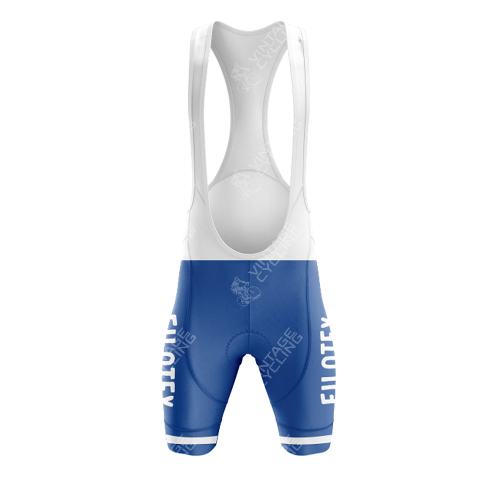 The FORD White Blue Retro Short Sleeve Cycling Set features white and blue bib shorts with EILOTEY printed vertically, offering a sleek retro vibe. It includes wide white shoulder straps, perfectly complementing the matching short sleeve set for a classic look.