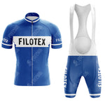 The FORD White Blue Retro Short Sleeve Cycling Set features a classic design with FILOTEX on the jersey and bib shorts. A subtle watermark on the jersey complements the matching style of the bib shorts and white suspenders, creating a timeless look for cyclists.